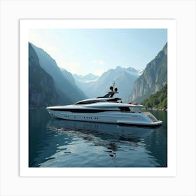 High End Yacht Anchored In A Bay With Dramatic Mountain Backdrops 1 Art Print