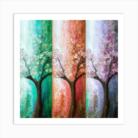 Three different paintings each containing cherry trees in winter, spring and fall 11 Art Print