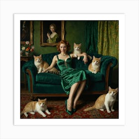 Decadent Young Woman After The Dance With Cats Green Art Print