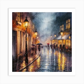 Twilight Rain Ethereal Watercolor Painting Of A Cobblestone Street At Night (4) Art Print