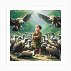 A beautiful child surrounded by vultures but he is passionate to find a safe way Art Print