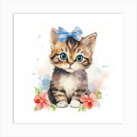 Watercolor Kitten With Flowers Art Print