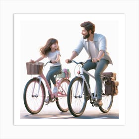 Father and Daughter Riding Bicycle Art Print