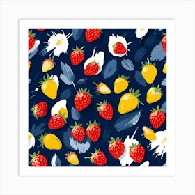 Seamless Pattern With Strawberries, Yellow Lemon Like Shapes, White Paint Splatters, And Blue Brushstrokes On A Dark Blue Background Art Print