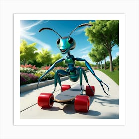 A Giant, Iridescent Blue And Green Ant, With Six Long, Muscular Legs On A Skateboard 1 Art Print