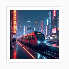 Train Speeding Through A Futuristic City Filled With Colorful Neon Lights 1 Art Print