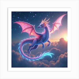 A Dreamy Dragon With Scales Of Cascading, Neon Light Soaring Through A Celestial Sky Art Print