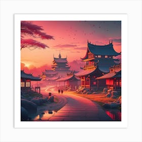Samurai Village At Sunset Art Print