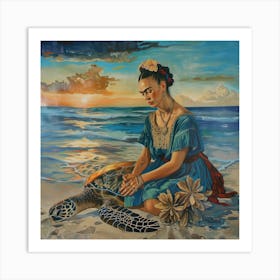 Frida Kahlo With Sea Turtle. Animal Conservation Series 1 Art Print