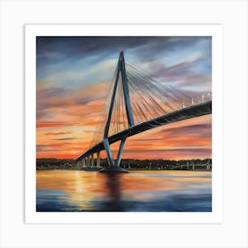 Sunset over the Arthur Ravenel Jr. Bridge in Charleston. Blue water and sunset reflections on the water. Oil colors.2 Art Print