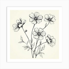 Flowers On A White Background, Single Line Drawing Of The Flowers Pattern , Black And White Flowers Art Print