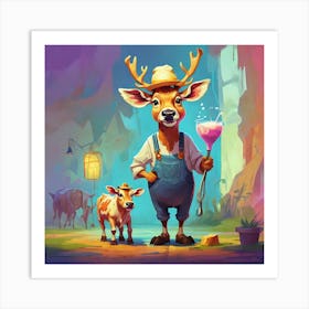 Deer And Cows Art Print