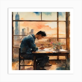 Watercolor Of A Man Writing 1 Art Print