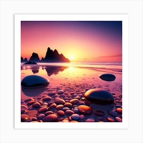 Rocks On The Beach At Sunset Art Print