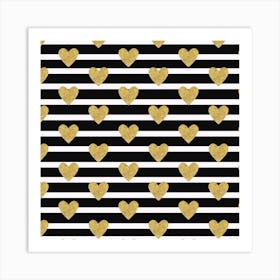 Black Stripes With Golden Hearts Art Print