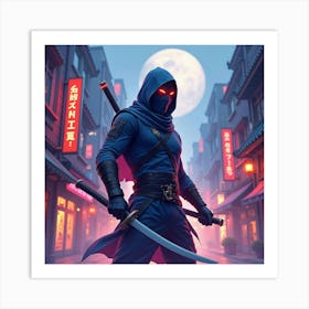 Ninja Fighter In A Watercolor City With Neon And Mystical Aura 1 Art Print