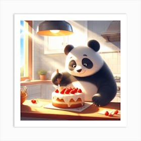 a panda bear baking a cake in a sunny kitchen, digital art Art Print