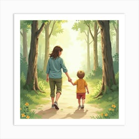 Toddler Holding Hands With A Parent Walking In A Soft Watercolor Forest Art Print