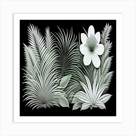 A black and white floral background with leaves and flowers. Art Print