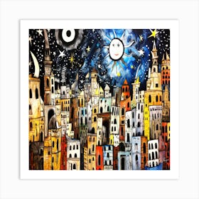 Moonlight Bright - Cityscape At Night Art Print