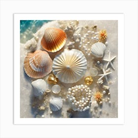 Firefly A Beautiful Feminine Flatlay Of Exotic Seashells, Corals, And Pearls On White Sands And Ocea (1) Art Print