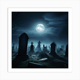 Gravestones Casting Long Ominous Shadows Under A Full Moon A Rising Mist Shrouding The Undead Figu (1) Art Print