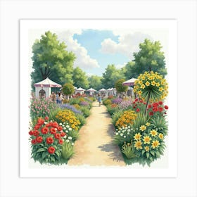 An English Flower Show With Vibrant Displays And Enthusiastic Visitors, Watercolor 1 Art Print