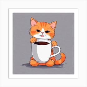 Cute Orange Kitten Loves Coffee Square Composition 3 Art Print