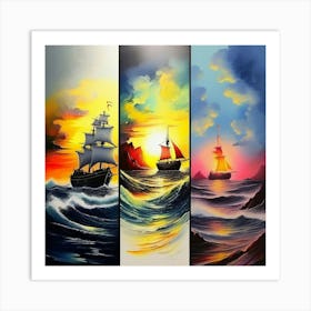 hree different vertical panels, ocean sea ⛵ ships 6 Art Print