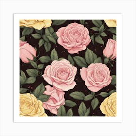 Pink Roses On Black Background Art Print