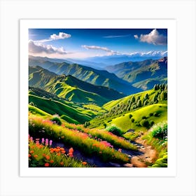 Mountain Landscape With Flowers Art Print