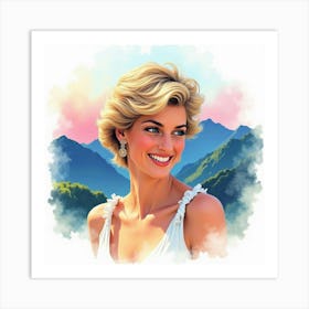 Smiling Princess Diana Framed By Watercolor Mountains In Vivid Hues Art Print