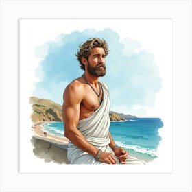 Watercolor Illustration Of A Greek Man With Rugged Charm And A Classic Seascape 1 Art Print