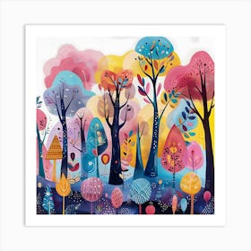 Colorful Forest, Naïve Folk Art Print