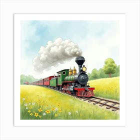 Rustic Train Chugging Through A Watercolor Painted Spring Meadow 1 Art Print