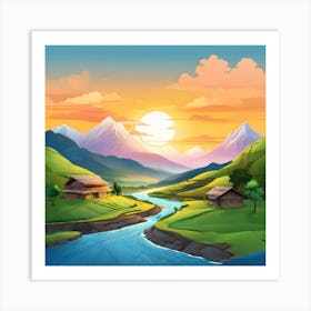 Landscape With Mountains And River Art Print