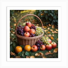 A Wicker Basket Filled With An Abundance Of Ripe Fruits Like Apples, Oranges And Grapes Arranged Neatly On The Ground Surrounded By Leaves Art Print