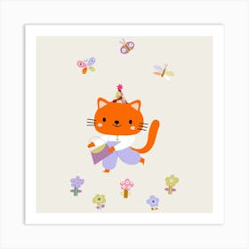 Cute cat with flowers and butterflies Art Print