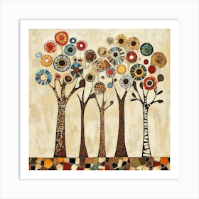 Folk Art Style Mosaic Trees 13 Art Print