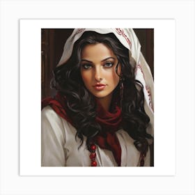 Woman 2. Hijab 3. Necklace 4. Wooden door 5. Brown frame 6. Long hair 7. Dark hair 8. White and red colors....... beautiful woman with long, dark hair, wearing a white and red headscarf and a red necklace. She is standing in front of a wooden door with a brown frame. Art Print