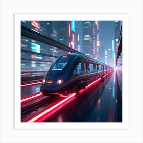 High Speed Futuristic Train Gliding Through A Neon Lit Cyberpunk City 1 Art Print