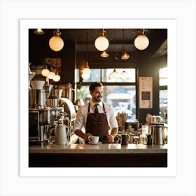 Cafe Interior Early Morning Barista Clad In A Crisp Apron With Visible Badges Of Skill Steam Waft 2 1 Art Print