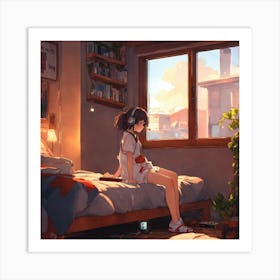 Anime Girl Sitting On Bed Art Print
