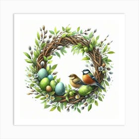 Easter Blooming Wreath With Willow, Two Birds And Eggs, Watercolor Painting Style Poster