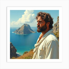 A Stunning Greek Man In Watercolor, With The Dramatic Landscape Of A Volcanic Island 1 Art Print