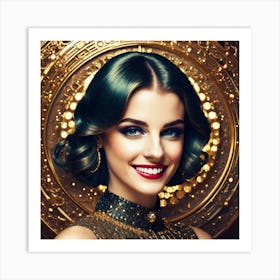 Beautiful Woman With Green Hair And Gold Background Art Print
