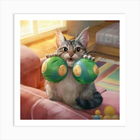 Cat With Balls Art Print