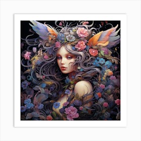 Woman With Wings And Flowers Art Print