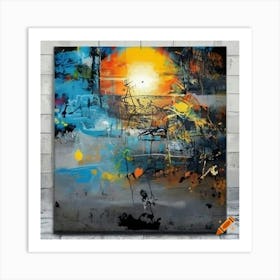  Spray Painting On Canvas Of An Abstract Graffiti Sunrise In The Art Style Of Banksy A Art Print
