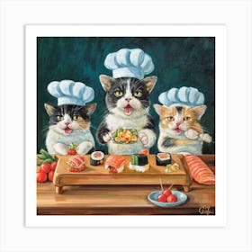 Sushi Flipping Cats Culinary Chaos Print Art Art Print